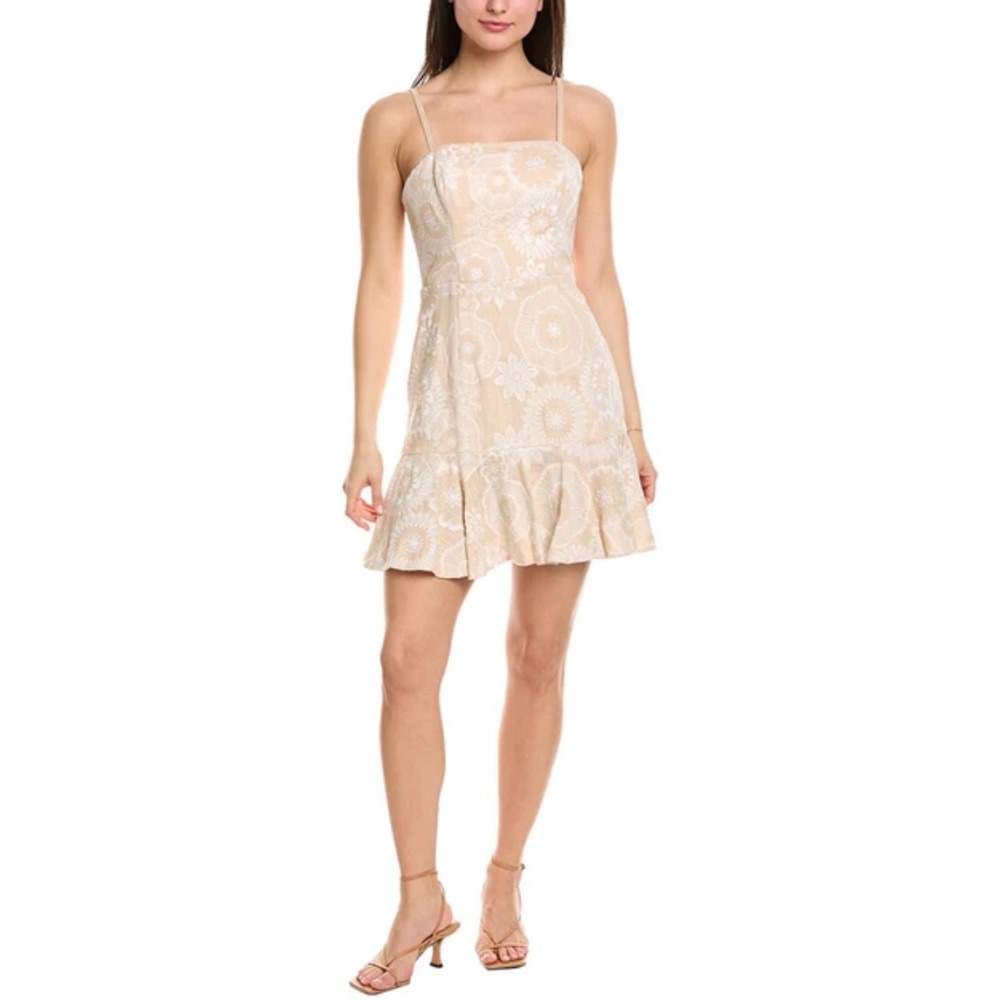 Milly Embroidered Linen Mini Dress Womens 2 Tan White Floral Boho Ruffle Hem NEW